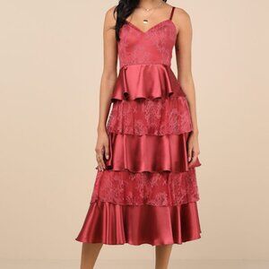 Lulus Deanna Rusty Rose Lace Satin Tiered Midi Dress Pink - Size S